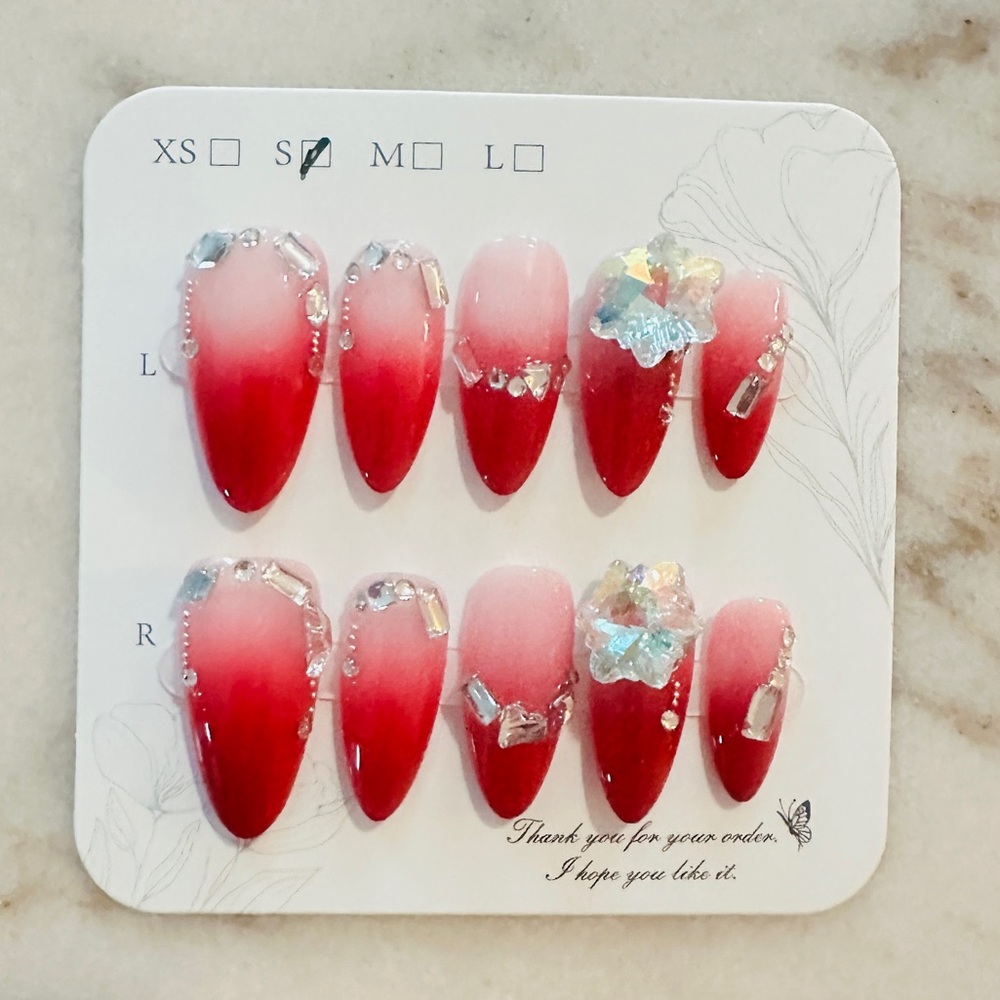 Red Ombre Press-On Nails with Rhinestones